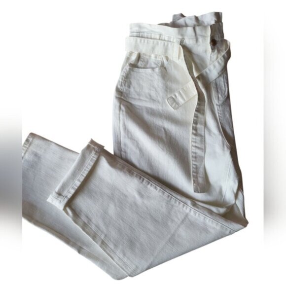 Paper Bag Mom Jeans Belted White Denim Esqualo Size 12 - Picture 7 of 13